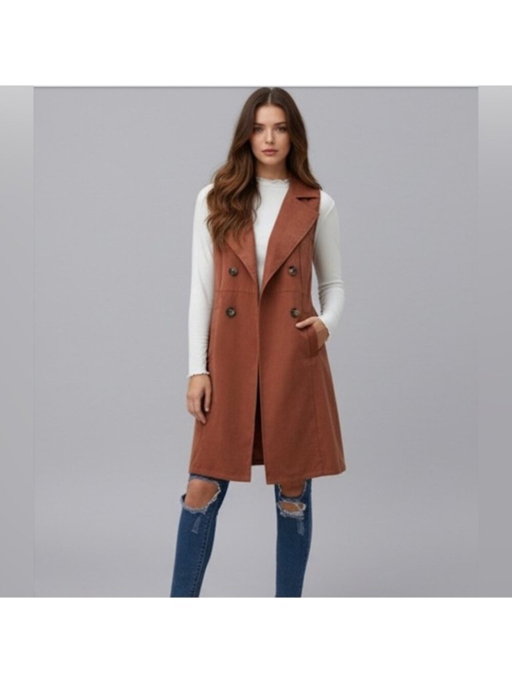 Rust Double-breasted Waterfall Collar Trench Vest